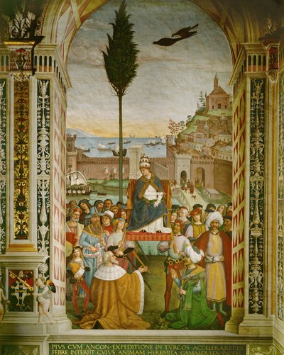 Aeneas Silvius Piccolomini, II. Pius pápa az olaszországi Ancona kikötőjében, ahol meghalt, miközben a keresztesek gyülekezésére várt (freskó). alkotó: Bernardino di Betto Pinturicchio