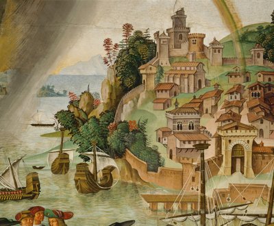 Aeneas Silvius Piccolomini megérkezik Talamone-ba (frissen) alkotó: Bernardino di Betto Pinturicchio