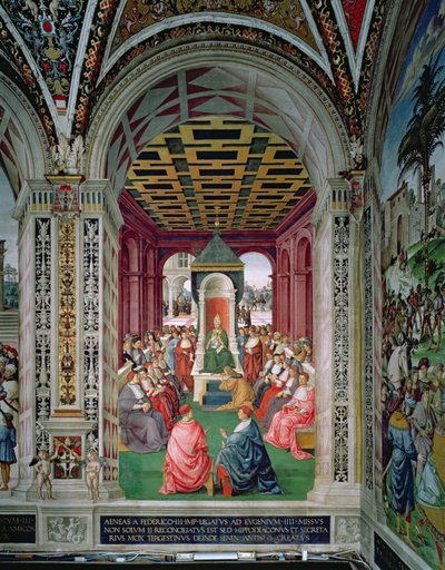 Aeneas Sylvius Piccolomini (1405-64) aláveti magát IV. Jenő pápának (1383-1447) február 7-én alkotó: Bernardino di Betto Pinturicchio
