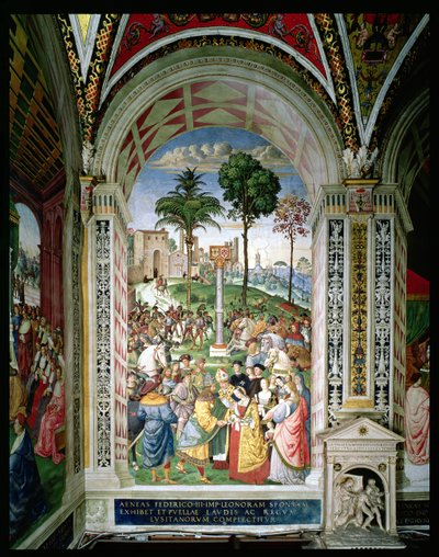 Aeneas Sylvius Piccolomini (1405-64) 1452. február 24-én bemutatja Aragóniai Eleonórát III. Frigyesnek (1415-93) (freskó) alkotó: Bernardino di Betto Pinturicchio