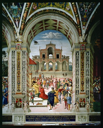 Aeneas Sylvius Piccolomini (1405-64) III. Frigyes (1415-93) költő koronás díjasa 1442-ben. alkotó: Bernardino di Betto Pinturicchio