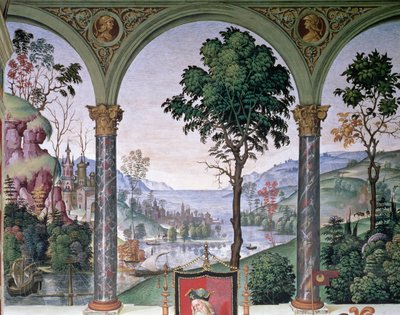 Háttér táj a loggián keresztül, részlet: Aeneas Sylvius Piccolomini (1405-64) beszédet mond I. Jakab skót király (1394-1437) előtt 1435 telén alkotó: Bernardino di Betto Pinturicchio