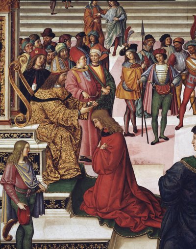 Enea Silvio Piccolomini (II. Piusz) III. Frigyes császár rövid költőjévé koronázta. Részlet - Freskó alkotó: Bernardino di Betto Pinturicchio