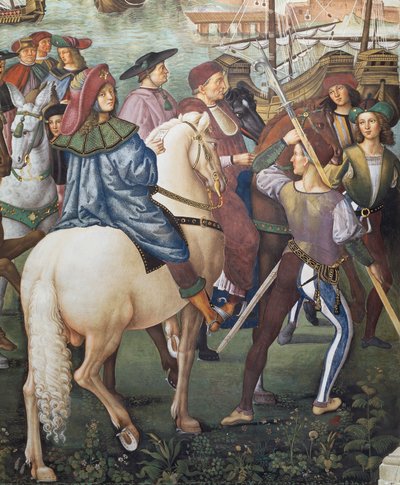 Enea Silvio Piccolomini ferrarai püspök titkáraként Bázelbe indul, részlet a II. Pius történeteiből alkotó: Bernardino di Betto Pinturicchio