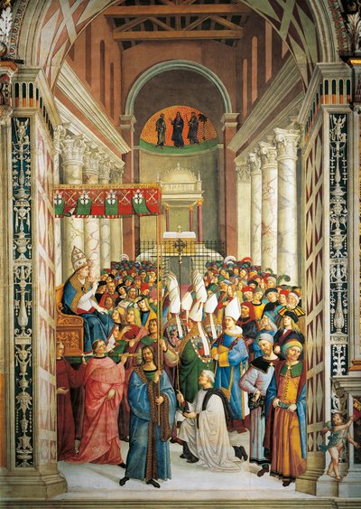 Olaszország, Siena, katedrális, Piccolomini könyvtár, II. Pius pápa megkoronázása, részlet a II. Pius történeteiből alkotó: Bernardino di Betto Pinturicchio