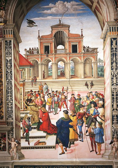 Olaszország, Siena, katedrális, Piccolomini-könyvtár, Enea Silvio Piccolominit III. Frigyes császár költő díjassá teszi, részlet a II. Pius történeteiből alkotó: Bernardino di Betto Pinturicchio