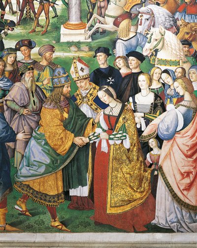 Olaszország, Siena, katedrális, Piccolomini-könyvtár, Enea Silvio Piccolomini, sienai püspök III. Frigyes és Aragóniai Eleonóra koronázásán vesz részt, részlet a II. Pius történeteiből alkotó: Bernardino di Betto Pinturicchio