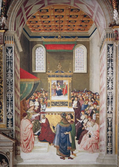 Olaszország, Siena, katedrális, Piccolomini könyvtár, Enea Silvio Piccolomini bíborosi kalapot kap III. Calixtustól, részlet a II. Pius történeteiből alkotó: Bernardino di Betto Pinturicchio