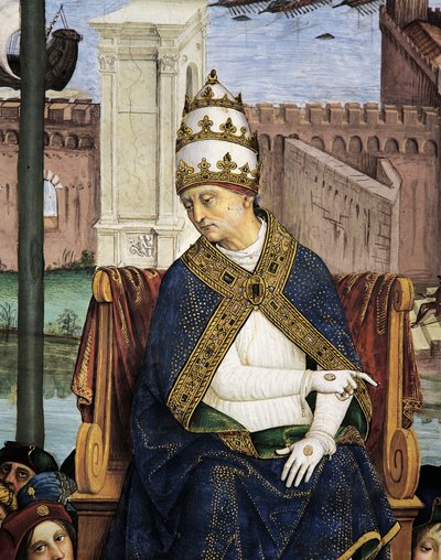 Olaszország, Siena, katedrális, Piccolomini-könyvtár, II. Pius Anconába érkezik, hogy meggyorsítsa a keresztes hadjáratot, részlet a II. Pius történeteiből alkotó: Bernardino di Betto Pinturicchio