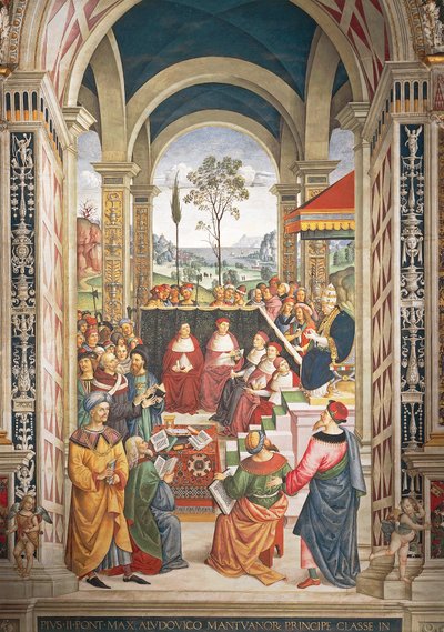 Olaszország, Siena, katedrális, Piccolomini-könyvtár, II. Pius összehívott Mantovában a török elleni keresztes hadjárat megtervezésére szervezett diétára, a II. Pius történetei részlet alkotó: Bernardino di Betto Pinturicchio