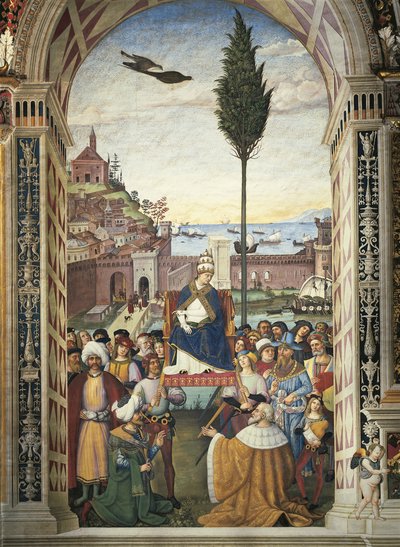 Olaszország, Siena, katedrális, Piccolomini-könyvtár, II. Pius történetei: II. Pius Anconába érkezik, hogy meggyorsítsa a keresztes hadjáratot alkotó: Bernardino di Betto Pinturicchio