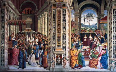 II. Pius Anconába érkezik, hogy keresztes hadjáratot indítson (16. század), Pinturicchio freskója (1452-1513), Piccolomini könyvtár, sienai katedrális, Toszkána, Olaszország alkotó: Bernardino di Betto Pinturicchio