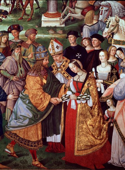 Enee Silvio Piccolomini költő bemutatja Portugáliát Eleonót III. Frigyes Szent Birodalom császárának a Camollia-kapunál. Pius pápa életének részlete (freskó alkotó: Bernardino di Betto Pinturicchio
