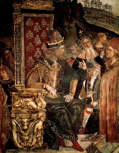 Alexandriai Szent Katalin vitája a filozófusokkal Maximianus Herkules római császár előtt, Cesare Borgia részlete alkotó: Bernardino di Betto Pinturicchio