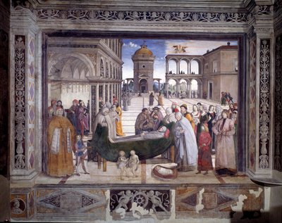 Szent Bernardin története, a szent halála (Freskó, 1486 körül) alkotó: Bernardino di Betto Pinturicchio