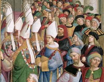 A bíborosok a világi bámészkodók tömegén dolgoznak, részlet „Aeneas Sylvius Piccolomini (1405–1464), II. Pius néven pápává választott, Szent Péter templomába lép” 1458. szeptember 3. alkotó: Bernardino di Betto Pinturicchio