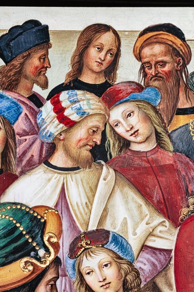 Piccolomini Könyvtár, északkeleti fal: „Aeneas Sylvius beszédet mond I. Jakab skót király előtt, 1435 telén” alkotó: Bernardino di Betto Pinturicchio