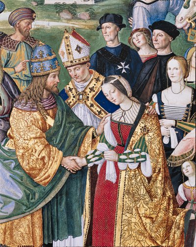 Piccolomini Könyvtár, délkeleti fal: „Aeneas Sylvius bemutatja Aragóniai Eleonórát III. Frigyesnek, február 24. alkotó: Bernardino di Betto Pinturicchio