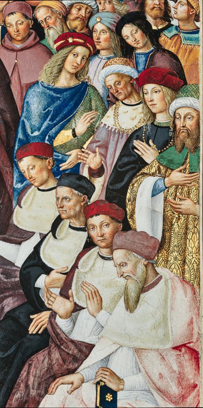 A Piccolomini Könyvtár délkeleti fala: „Aeneas Sylvius december 17-én átveszi a bíborosi kalapot III. Calixtus pápától alkotó: Bernardino di Betto Pinturicchio