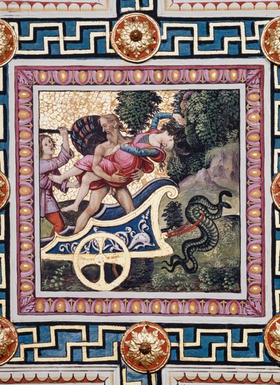 A Piccolomini Könyvtár, a mennyezet: „Proserpina megerőszakolása”, Bernardino di Betto, Pinturicchio néven ismert freskója. A panelen Plútó elrohan a szekerén, Proserpine a karjaiban vergődik, az istennő egyik társa pedig megfenyegeti Plútót w alkotó: Bernardino di Betto Pinturicchio