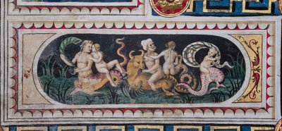A Piccolomini Könyvtár, a mennyezet: kisebb tábla tengeri tiászuszokkal (tritonok, puttó és nereid), Bernardino di Betto, Pinturicchio néven ismert freskója. alkotó: Bernardino di Betto Pinturicchio