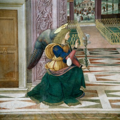 Gábriel arkangyal, az Angyali üdvözlet részlete alkotó: Bernardino di Betto Pinturicchio