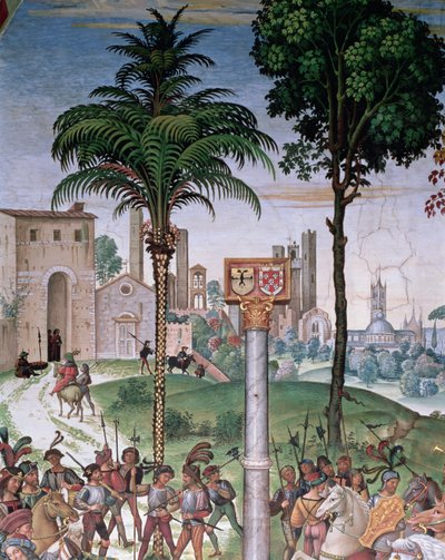 Siena kilátása a székesegyházzal és a Porta Camolliával, részlet: Aeneas Sylvius bemutatja Aragóniai Eleonórát III. Frigyesnek, 1452. február 24. alkotó: Bernardino di Betto Pinturicchio