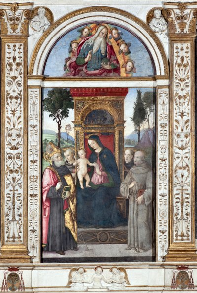 Szűz gyermekkel és Szent Ágoston, Szent Ferenc és Páduai Szent Antal - Pinturicchio (Bernardino di Betto) freskója (1454-1513) 1484-1492 Róma, Bazilika Santa Maria del Popolo (Santa Maria del Popolo-templom), Basso kápolna della Rovere Olaszország alkotó: Bernardino di Betto Pinturicchio