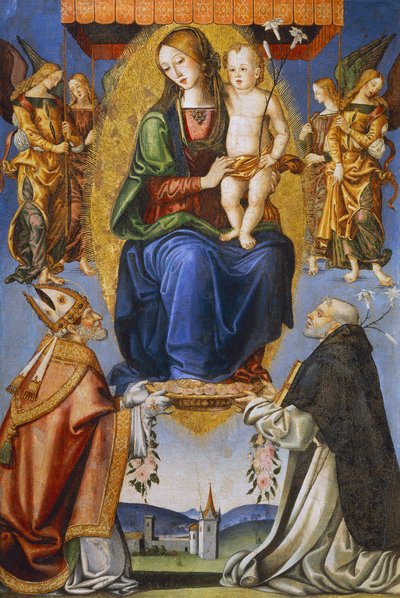 Madonna és gyermek Szent Perselinóval és Domonkossal (tempera vásznon) alkotó: Bernardino di Mariotto