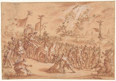 Egy szent püspök letérdel egy római császár körmenete mellett alkotó: Bernardo Castello (attributed to)