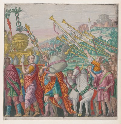 4. lap: Bal oldalon trófeákat vivő férfiak, jobb oldalon trombitások, Julius Ca... diadala, 1599. alkotó: Bernardo Malpizzi