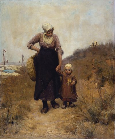 Anya és gyermeke egy ösvényen a tenger mellett alkotó: Bernardus Johannes Blommers or Bloomers