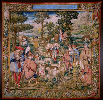 Flamand kárpit. Sorozat Róma alapítása: Faustulus találkozik Romulusszal és Remusszal. Barend van Orley karikaturista (?). brüsszeli gyártás. 1525-1530. alkotó: Bernart van (attr. to) Orley