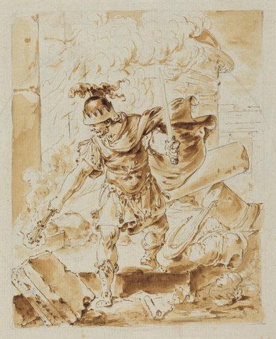 Alexander Setting Fire to Persepolis (toll és barna tinta, grafit fölött barna mosással, rakott papírra) alkotó: Bernhard Rode