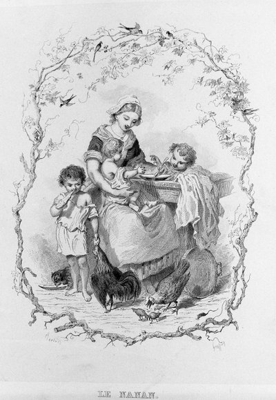 A nanan: egy fiatal anya enni ad három gyermekének a „La Physiologie du Gout” című művében, Brillattól – Savarin illusztrálta Bertal. Párizs 1840. Jean Anthelme Brillat Savarin (Brillat-Savarin) (1755-1826) francia gasztronómus. alkotó: Bertall