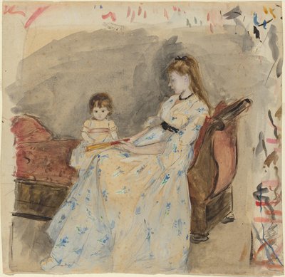 The Artists Sister, Edma, lányával, Jeanne-nel, 1872 (wc grafit fölött, papírra fektetett) alkotó: Berthe Morisot