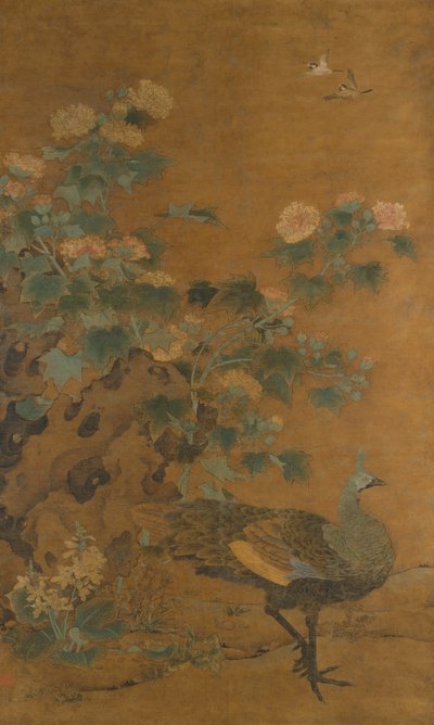 Páva és Hollyhocks, 14. század közepe. alkotó: Bian Lu