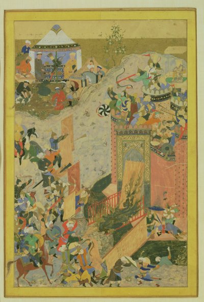 Támadás egy kastély ellen, perzsa, timurida korszak (1370-1506) 1475-1500 körül (wc és aranylevél papíron) alkotó: Bihzad attr. to Bihzad attr. to