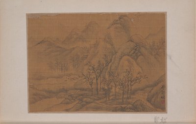 Tájkép (miniatűr tizenegy festményből álló albumból; tus és szín, selyem) alkotó: Bin Zheng