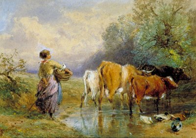 „Egy lány, aki marhát hajt a patakon át”, 19. század. alkotó: Birket Foster