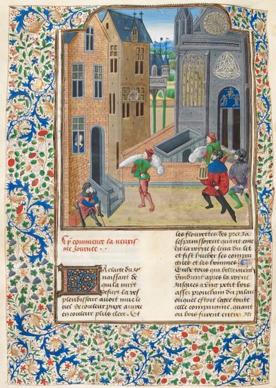 Hozzáadás. 35323 f.122v Becsomagolt testek behordása egy épületbe, illusztráció a 
