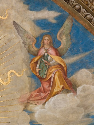 Apszis, Catino Apse, Boccaccio Boccaccino, Pantocrator a szentek között Marcellino, Imerio, Omobono, Peter Exorcist, Detail Angel jobbra alkotó: Boccaccio Boccaccino