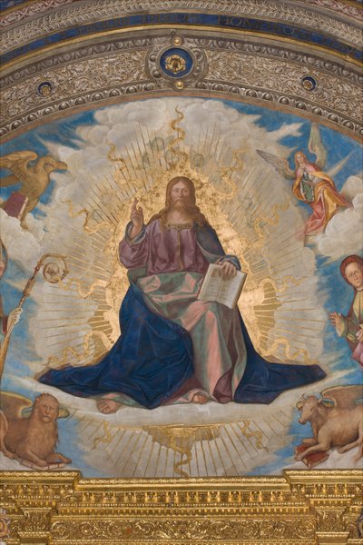 Apse, Catino Apse, Boccaccio Boccaccino, Pantocrator a Szentek között Marcellino, Imerio, Omobono, Peter Exorcist, Detail Pantocrator alkotó: Boccaccio Boccaccino