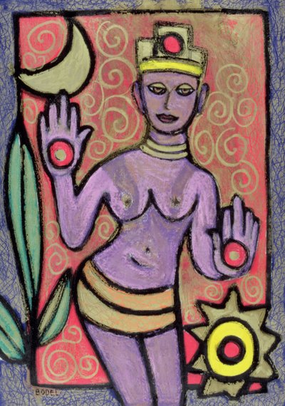 Istennő, 2002 (olaj, pasztell és indiai tinta papíron) alkotó: Bodel Rikys