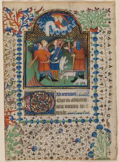 Levél az órák könyvéből: Angyali üdvözlet a pásztoroknak (recto) alkotó: Boethius Illuminator