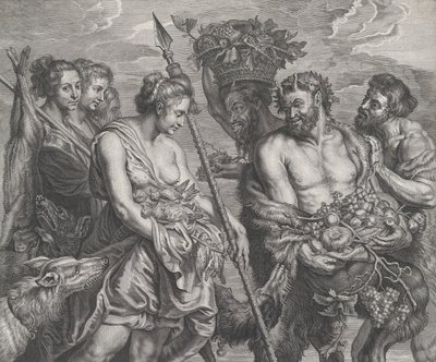 Diana visszatért az üldözésből, kutyák és nimfái kíséretében balra, ketten ültek..., kb. 1640-59. alkotó: Boetius Adams Bolswert