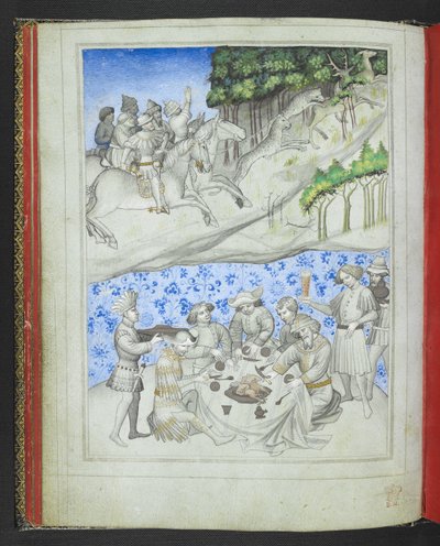 Adja hozzá a 24189, f.5v, Rekreáció Cipruson, fent szarvasvadászatot leopárdok segítségével, alul pedig lakomát a „Sir John Mandeville utazásainak képeskönyvéből”, 1410 körül (vellum) alkotó: Bohemian School