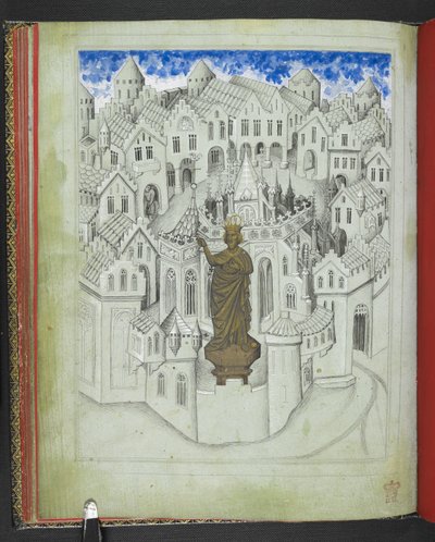 Add hozzá: 24189, f.9v, Konstantinápoly városa, Justinianus császár nagy szobrával, amely a Szent Zsófia-székesegyház előtt áll, a „Sir John Mandeville utazásainak képeskönyvéből”, 1410 körül (vellum) alkotó: Bohemian School