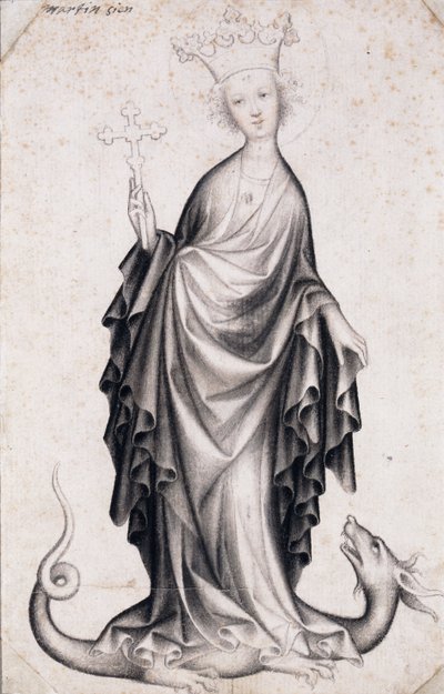 Antiochiai Szent Margit (meghalt 305 körül) (Szent Margit) (feszületet tart és sárkányt tapos) - Cseh mester munkája (aktív 1410-1420), ceruza és ecset papíron (21,4x14 cm), 1410 körül - Szepmuveszeti Múzeum, Budapest (Magyarország) alkotó: Bohemian School