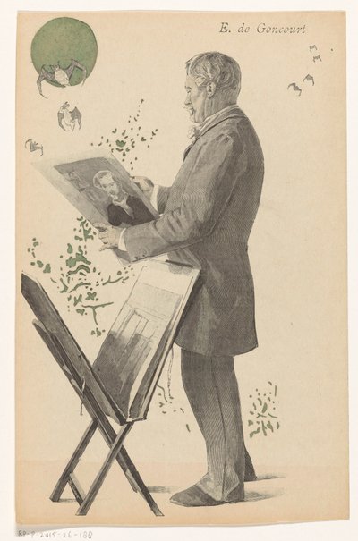 Edmond de Goncourt egy nyomtatványt néz, mellette egy nyomtatott szabványt E. de Goncourt (cím a tárgyon) alkotó: Boileau